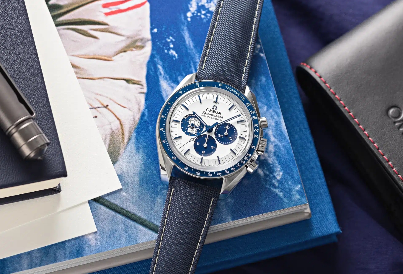 Omega Speedmaster CK2998 replica watch with blue leather strap